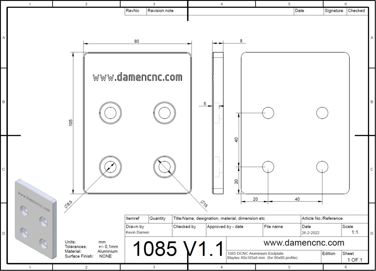 1085-2 DCNC Aluminium Endplate Maytec 80x105x8 mm for 80x80 profile 2D Dimensions