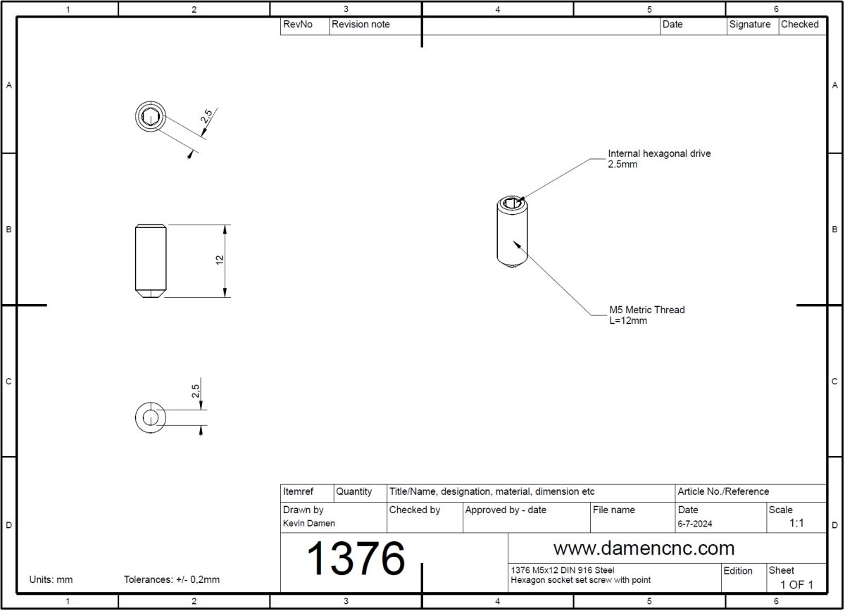 1376-3 M5x12 DIN 916 Steel Hexagon socket set screw with point 2D dimensions