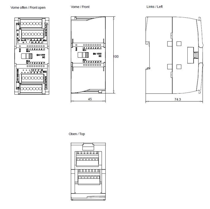 232-2 Digital Output Module - SM1222 - 16xDO - 6ES7222-1BH32-0XB0 for PLC S7-1200 2D Dimensions