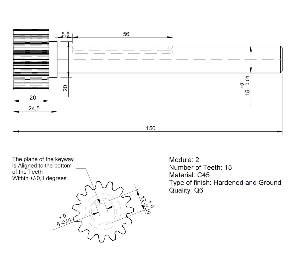 50884 geared shaft for dcncrag module 2 q6 z15 d15 l150