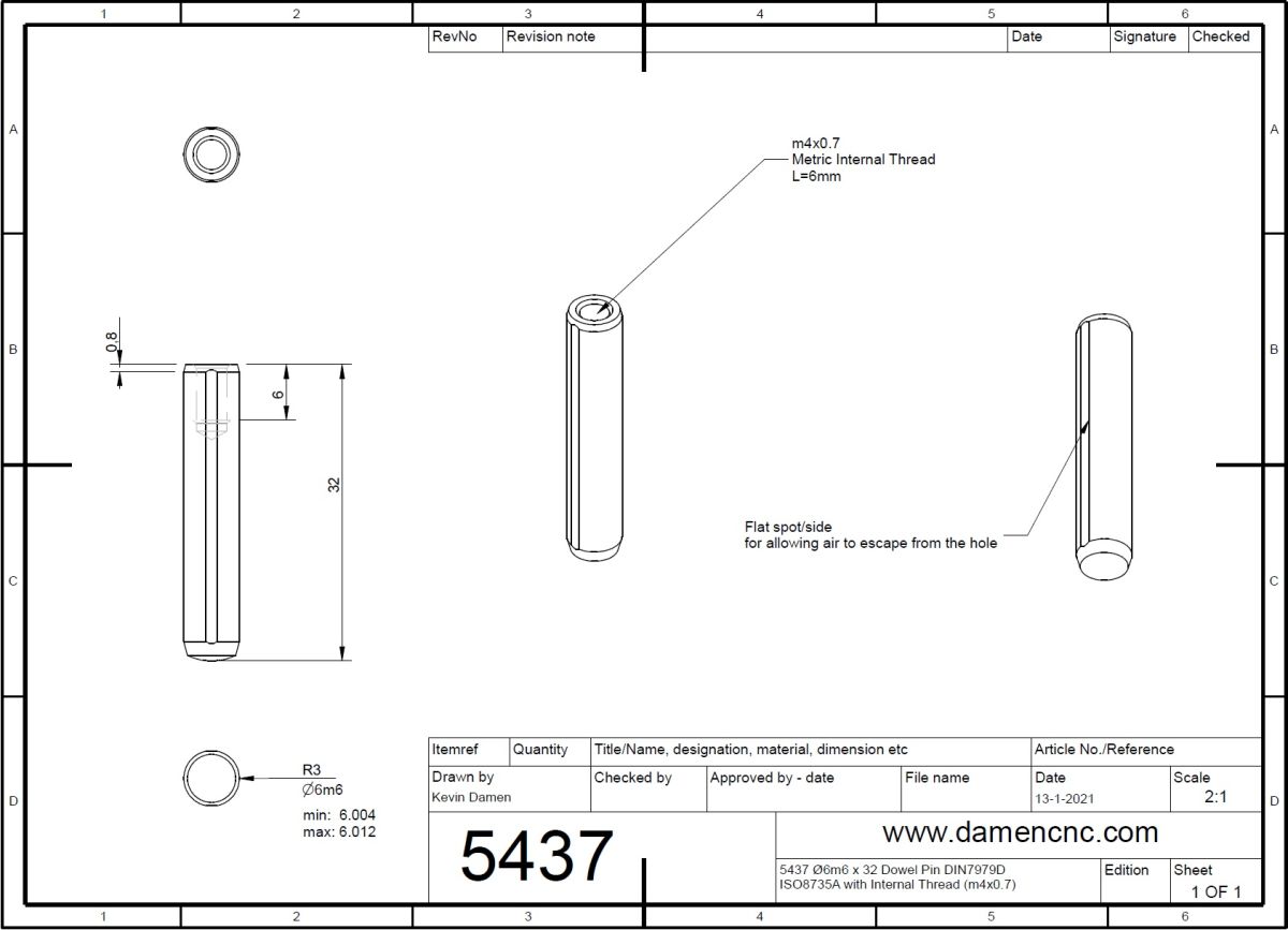 5437-3 Ø6m6 x 32 Dowel Pin DIN7979D ISO8735A with Internal Thread m4x0.7 2D Dimensions