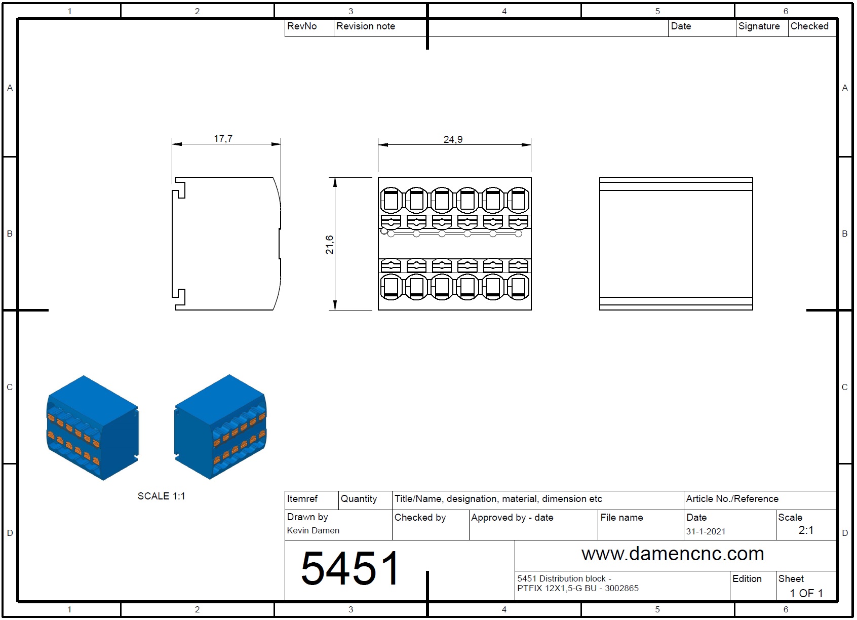 54513 distribution block ptfix 12x15g bu 3002865 2d dimensions