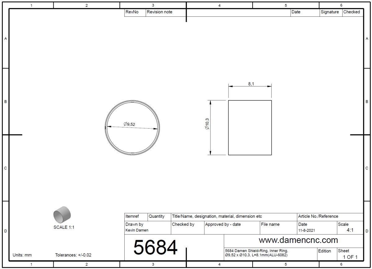 5684-2 Damen Shield-Ring Inner Ring Ø952 x Ø103 L8.1mmALU-6082 2D Dimensions