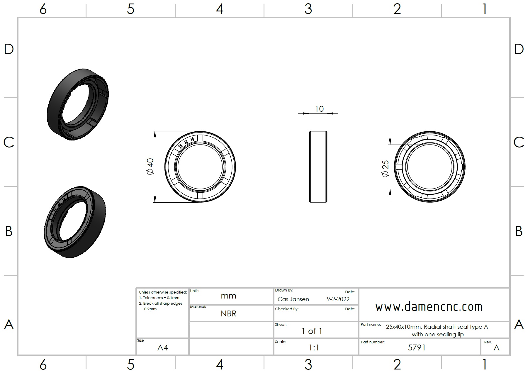 57913 25x40x10mm radial shaft seal type a with one sealing lip 2d dimensions