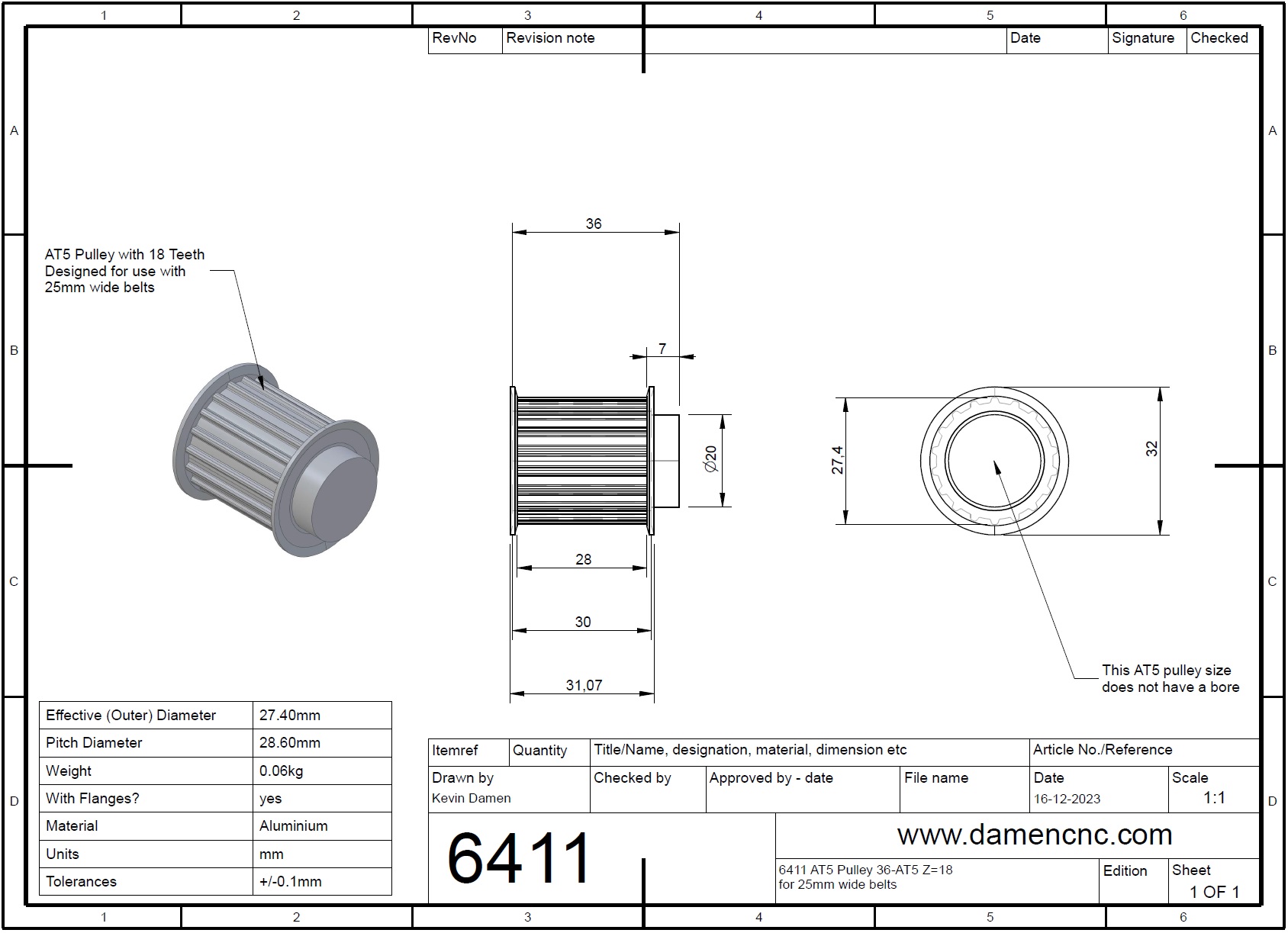 64112 at5 pulley 36at5 z18 for 25mm wide belts 2d dimensions