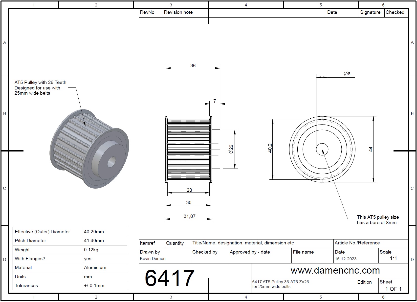 64172 at5 pulley 36at5 z26 for 25mm wide belts 2d dimensions