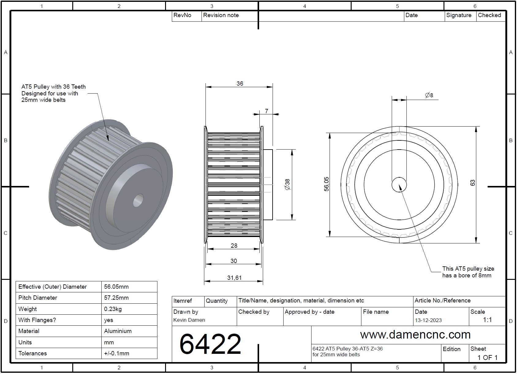 64222 at5 pulley 36at5 z36 for 25mm wide belts 2d dimensions