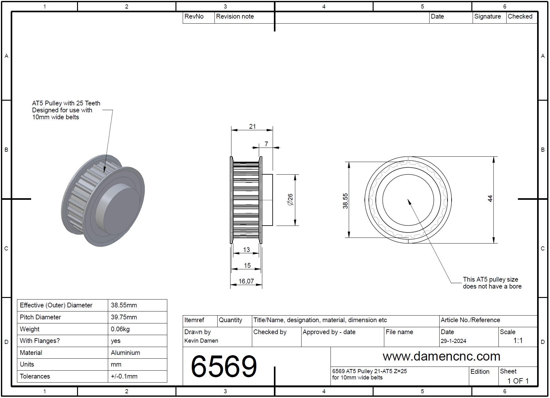 65692 at5 pulley 21at5 z25 for 10mm wide belts 2d dimensions