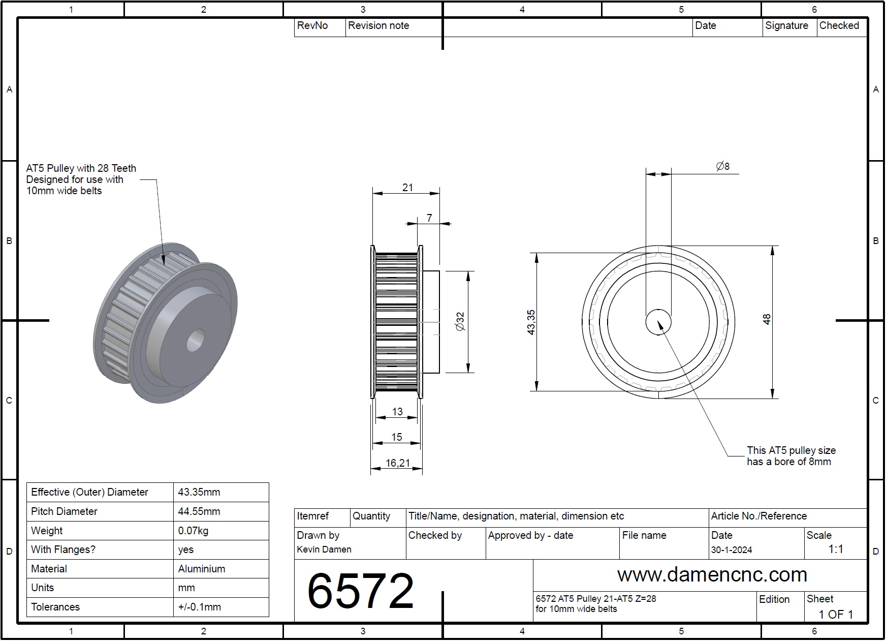 65722 at5 pulley 21at5 z28 for 10mm wide belts 2d dimensions