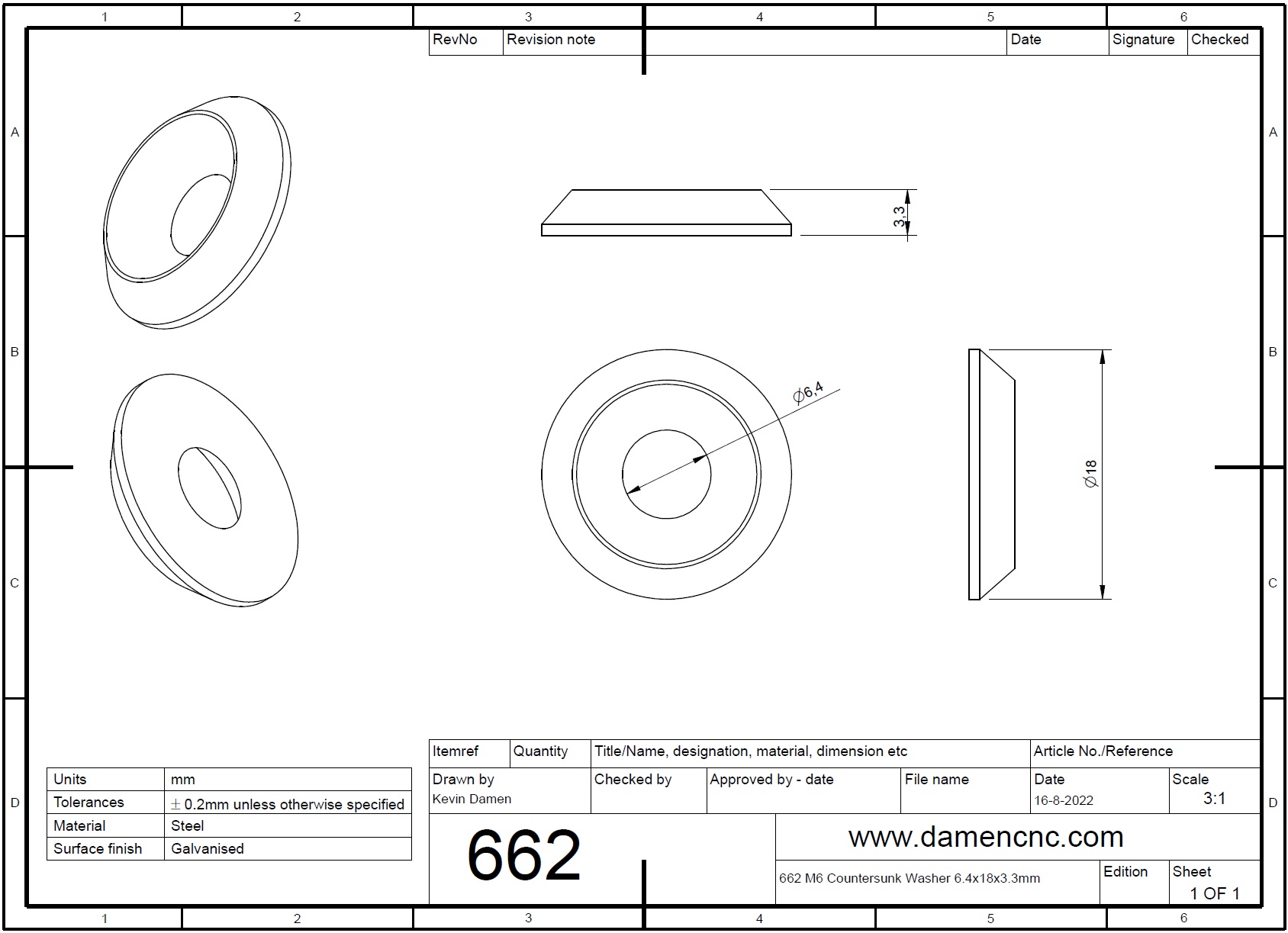 6622 m6 countersunk washer 64x18x33mm 2d dimensions