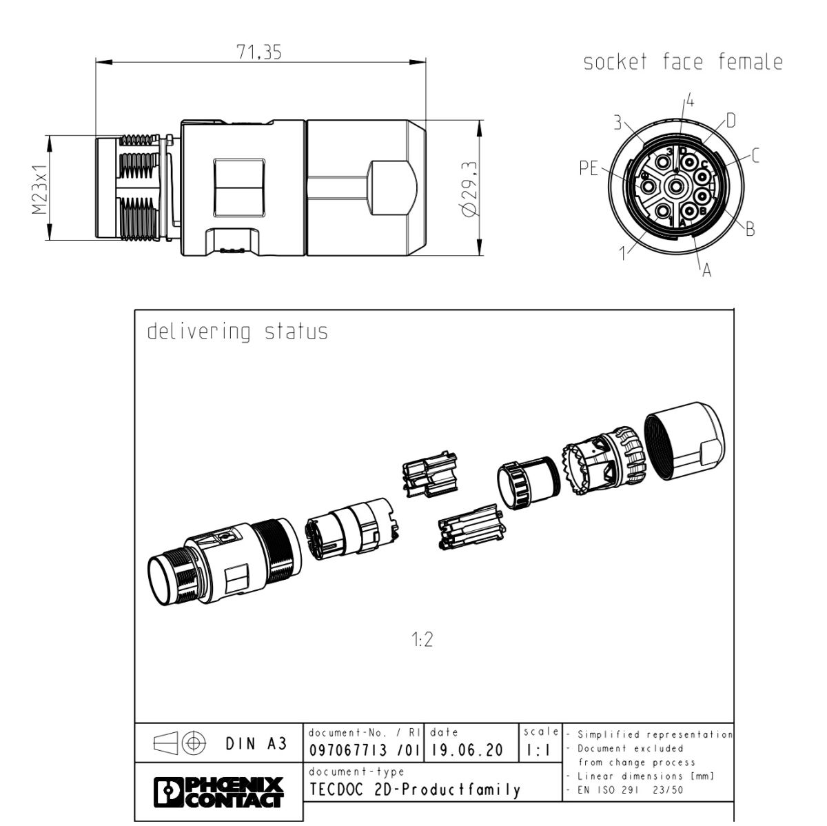 7037-5 M23 PRO - 1628835 - 43PE - ONECLICK - Crimp Socket - Coupler connector 2D Dimensions