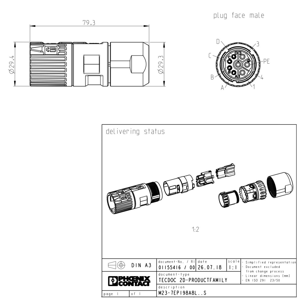 7040-5 M23 PRO - 1628847 - 43PE - ONECLICK - Crimp Socket - Cable connector 2D Dimensions