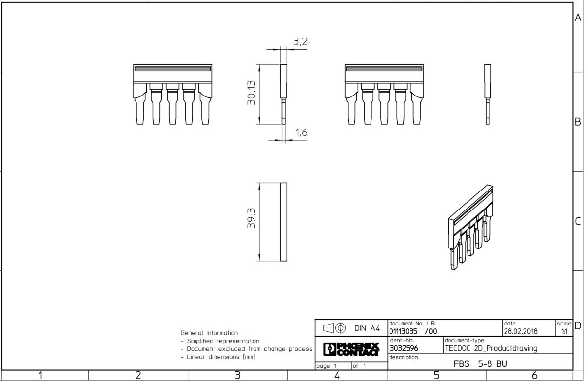 7474-2 Plug-in bridge - FBS 5-8 BU - 3032596 5-poles BLUE 2D Dimensions