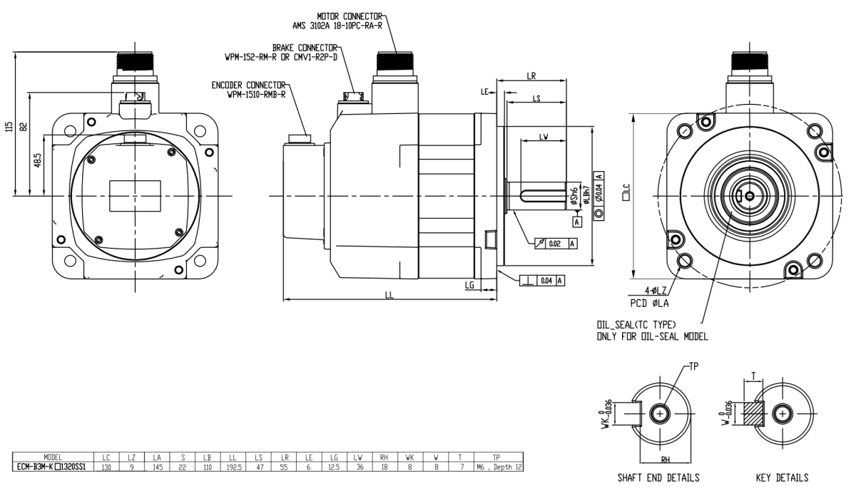 7673-4 AC Servo Motor - with Brake - 3 x 400V - 2000W - ECM-B3M-K21320SS1 24-bit INC encoder 2D Dimensions